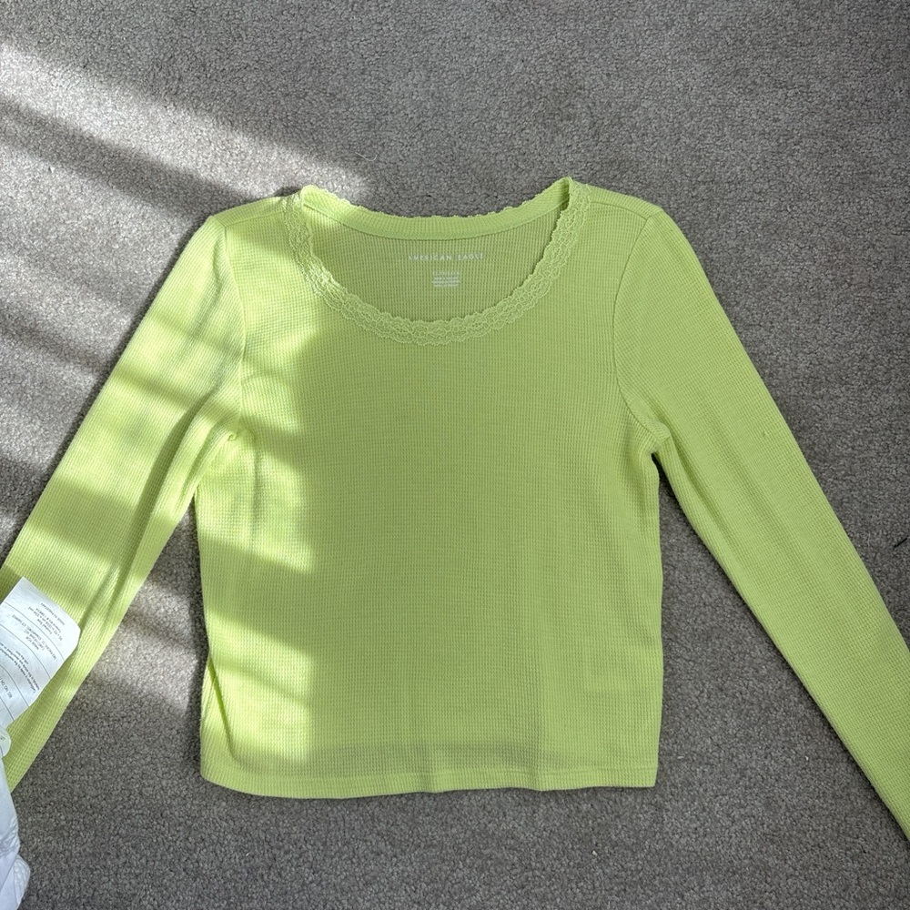 American Eagle Outfitters Green Fitted Ribbed Long Sleeve Tee